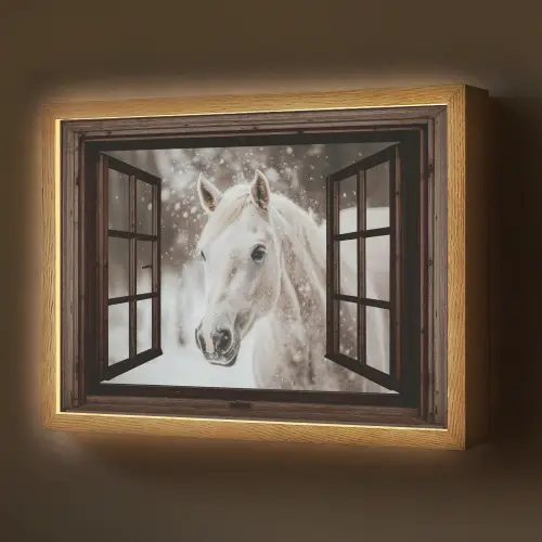 Doorkijk - Paard - Wit - Winterlandschap - Sneeuw Light Box met batterij (Wandlamp) middel -z3d_website
