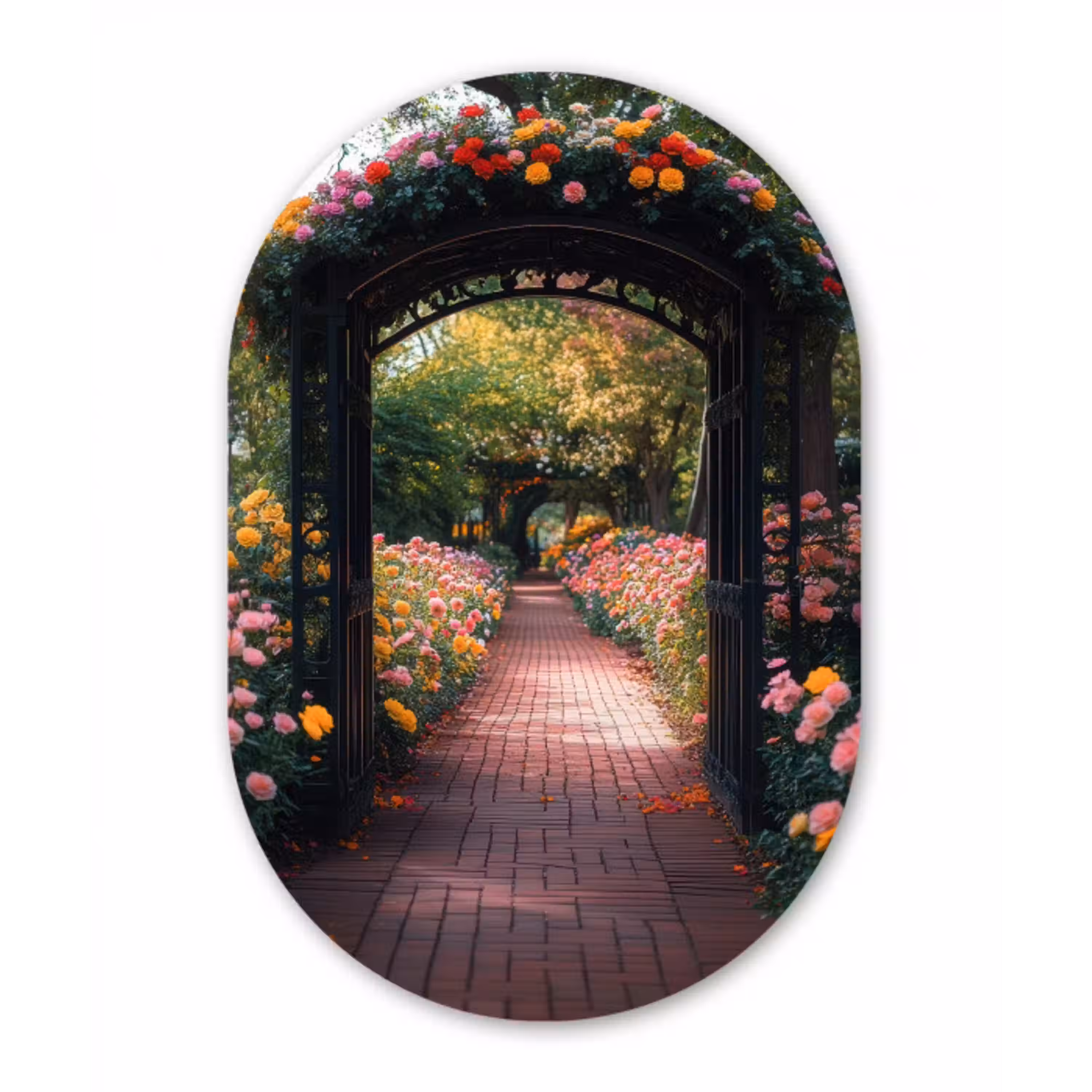 Doorkijk - Bloemen - Pad - Natuur - Kleurrijk Wandcirkel Ovaal Aluminium middel -3d