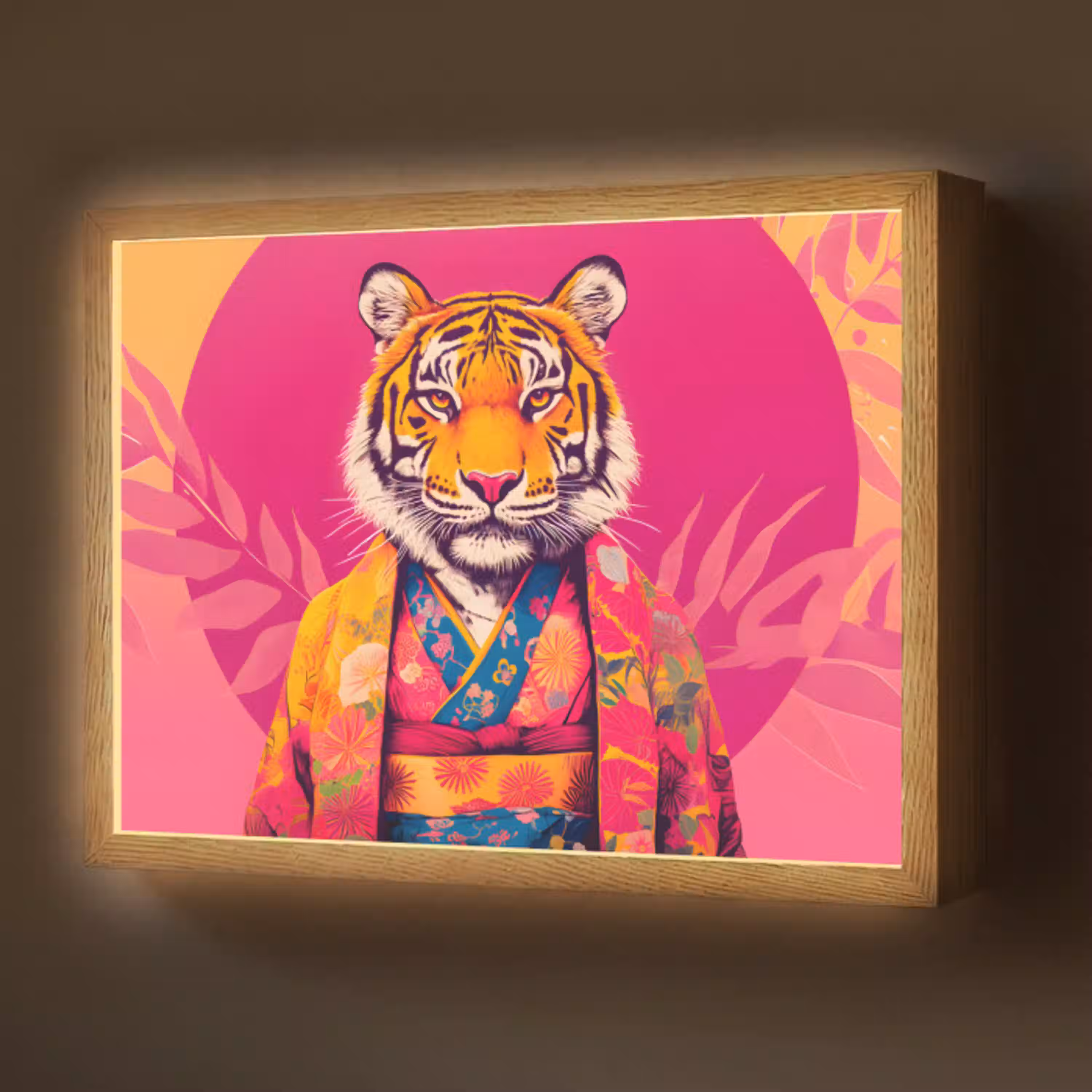 Tijger - Kimono - Planten - Roze Light Box met batterij (Wandlamp) middel -z3d_website