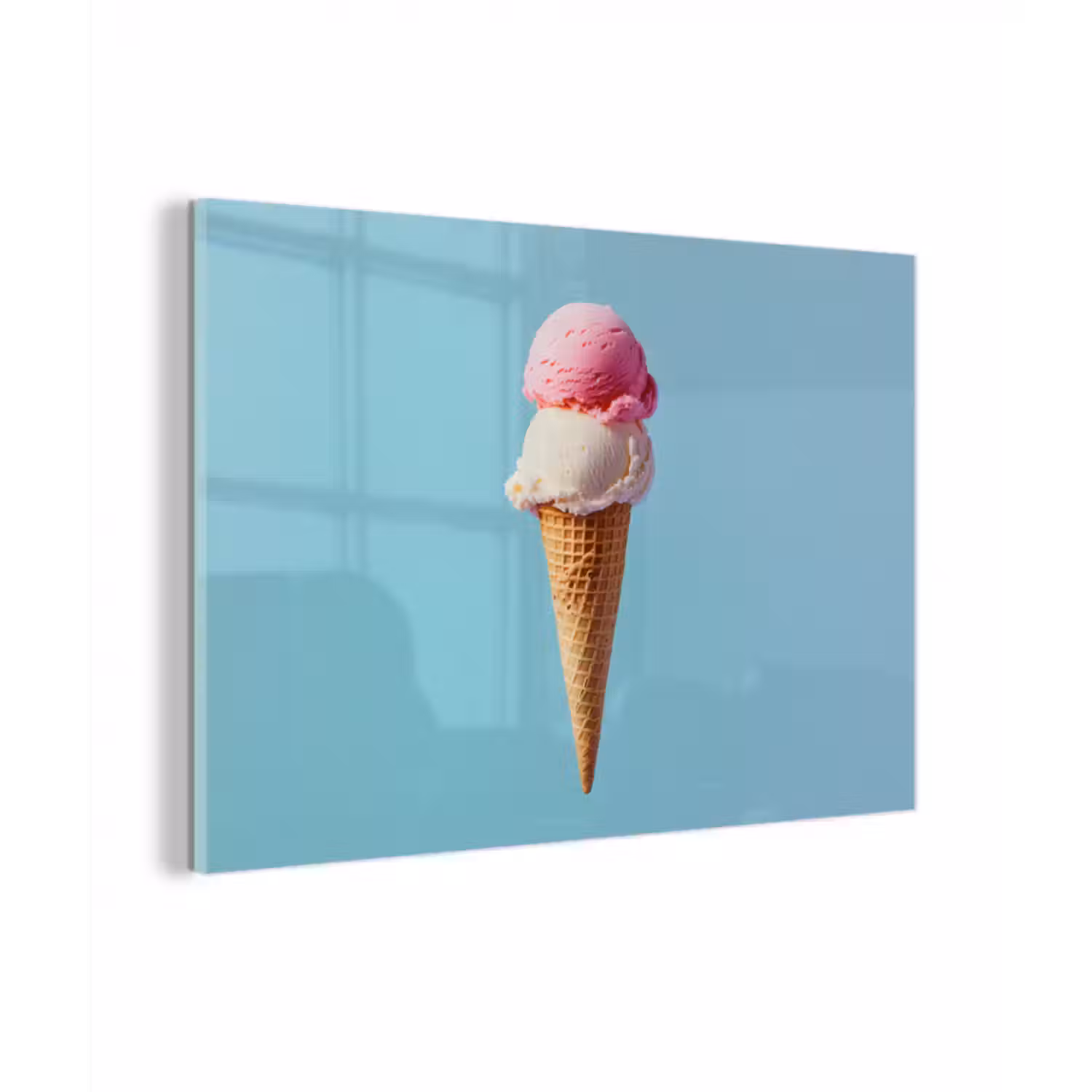Glas schilderij - Bolletjes - Schepijs - Hoorntje - Blauw
