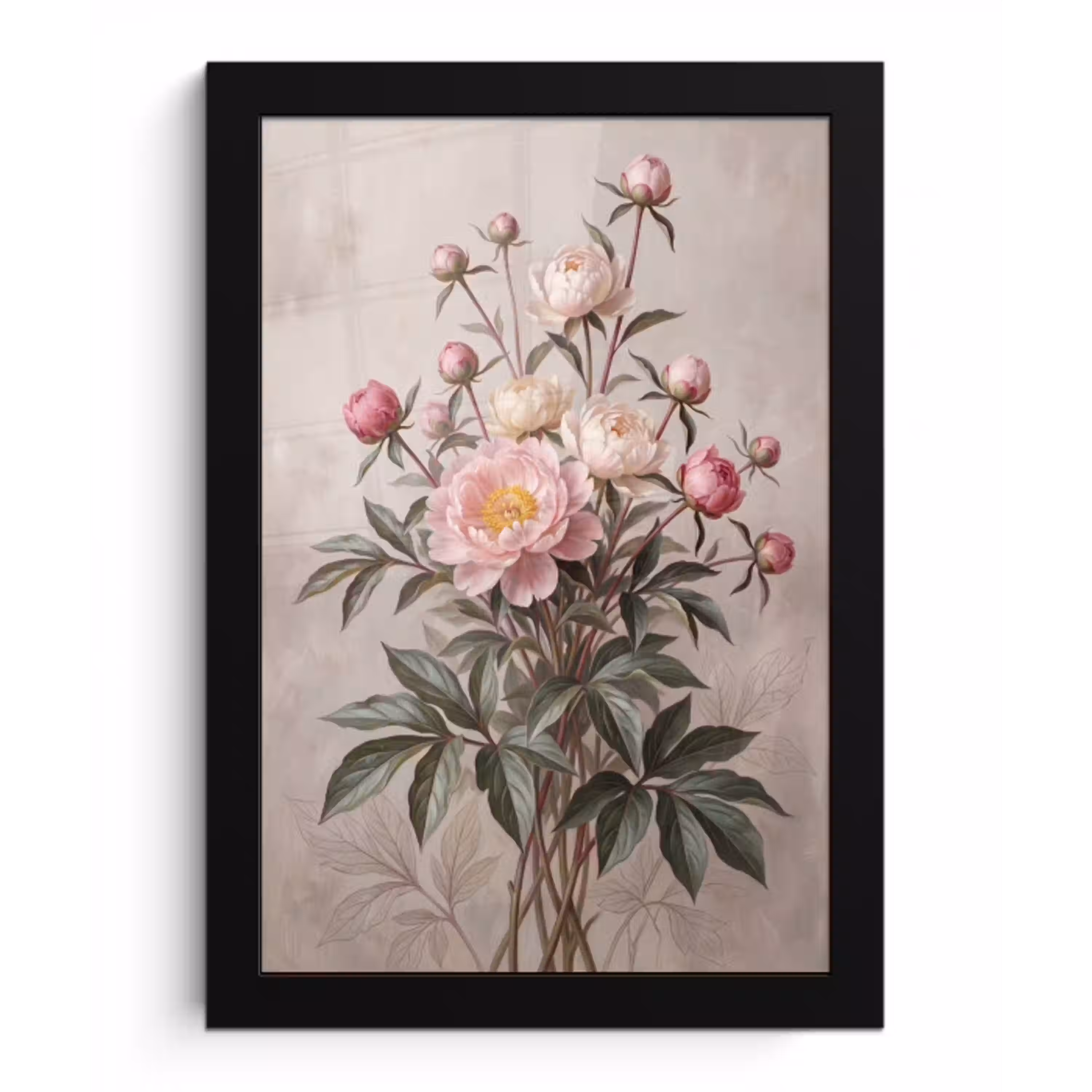 Pioenrozen - Boeket - Roze fotolijst zwart zonder passe partout klein -3d