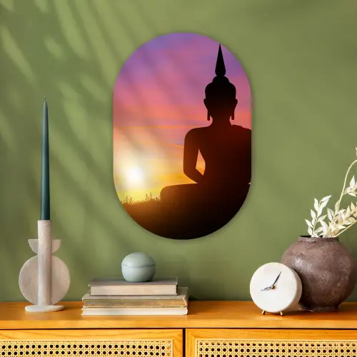 Zonsondergang - Horizon - Boeddha beeld - Buddha -  Silhouette Wandcirkel Ovaal Forex klein -sfeer2