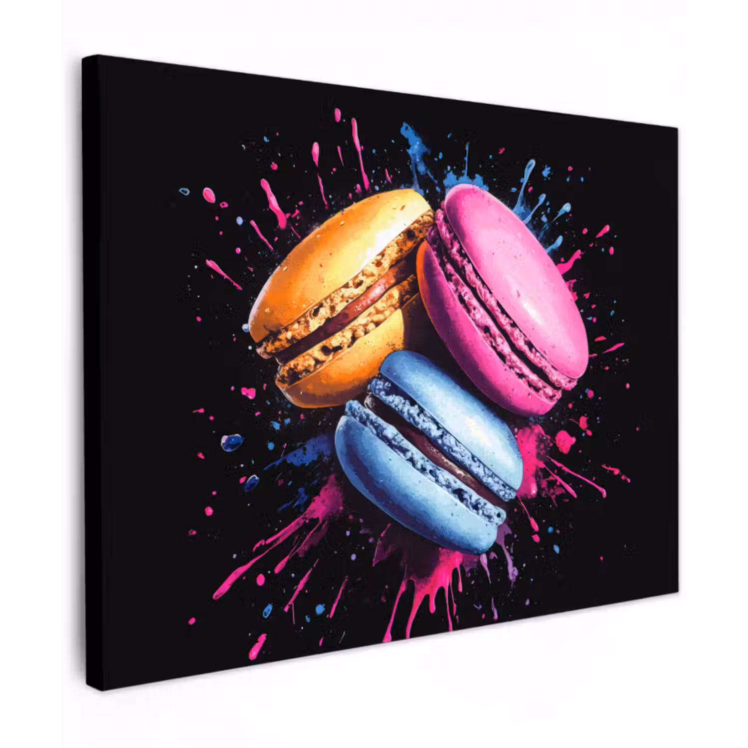 Leinwandbild - Makronen - Dessert - Graffiti - Bunt - Rosa - Blau - Gelb