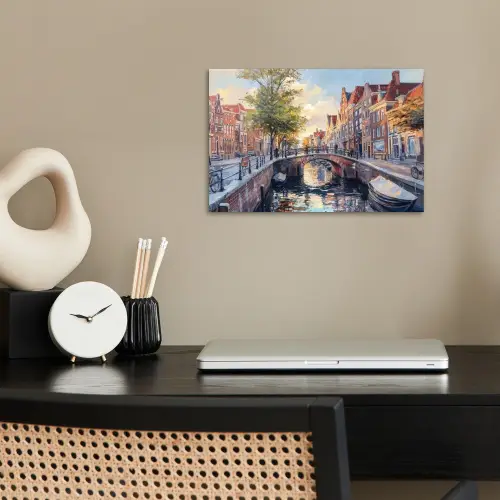 Brug - Stad - Huizen - Boot poster papier klein -sfeer1