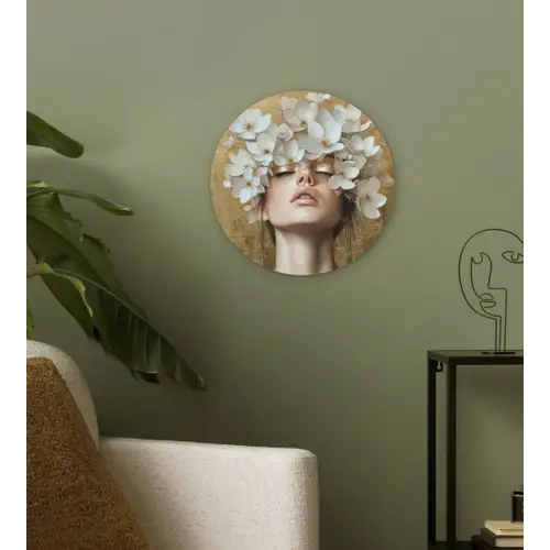 Gezicht - Bloemen - Goud - Abstract Wandcirkel kunststof plaat 5mm dik klein -sfeer3