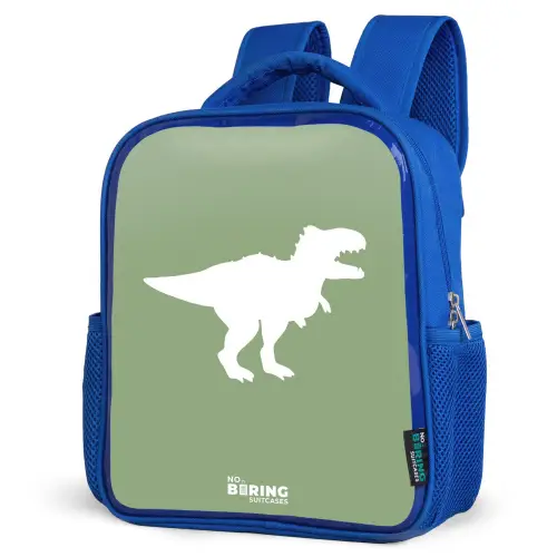 Groen met T-rex dino Kinderrugzak - Blauw middel -schuin