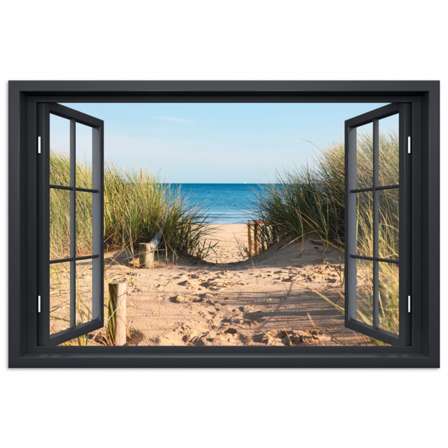 Doorkijk - Strand - Zee - Zand - Water - Helmgras - Duinen poster papier klein -3d