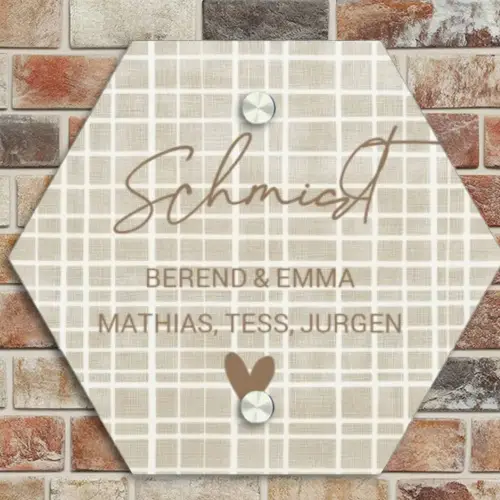 Beige raster - Sierlijk Naambord Hexagon klein -sfeer2