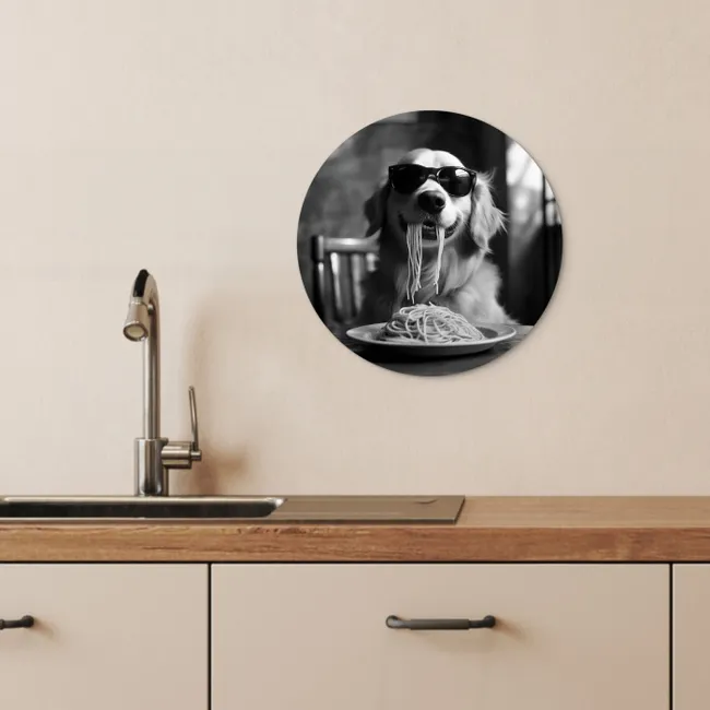 Golden Retriever - Hond - Vrolijk -  Bord spaghetti - Zwart - wit KitchenYeah - Keuken - Wandcirkel Forex klein -sfeer3