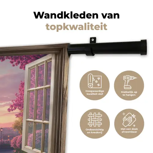 Doorkijk - Parijs - Eiffeltoren - Roze - Kersenbloesem Wandkleed katoen klein -sfeer2