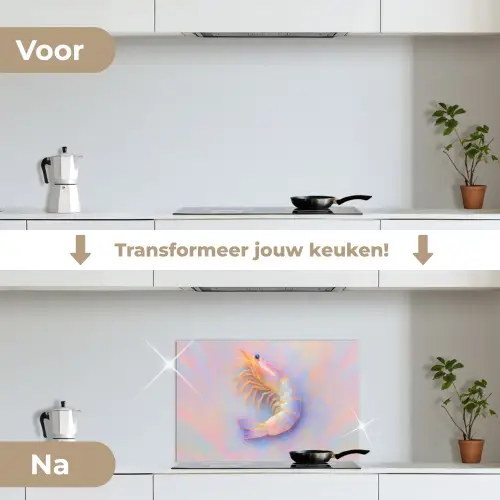 Garnaal - Subtiele structuur - Blauw - Roze keuken achterwand spatscherm klein -voor_na_NL