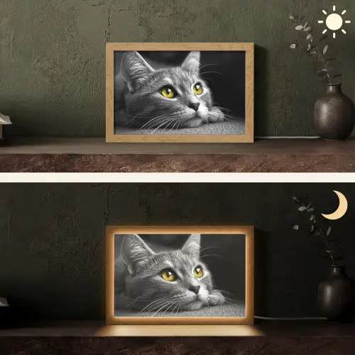Kat - Zwart - Wit - Dieren - Natuur Light Box met kabel (Tafellamp) klein -sfeer3