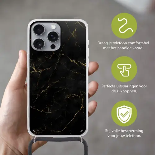 Zwart marmer - Gouden aders - Klassiek Hoesje iPhone 16 Pro Max met koord klein -sfeer2_NL