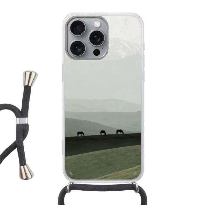 Grijs - Berg - Paarden Hoesje iPhone 16 Pro Max met koord klein -3d