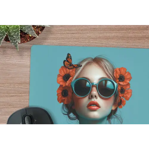 Vrouw - Blauw - Vlinder - Bloemen - Aesthetic muismat rubber klein -closeup