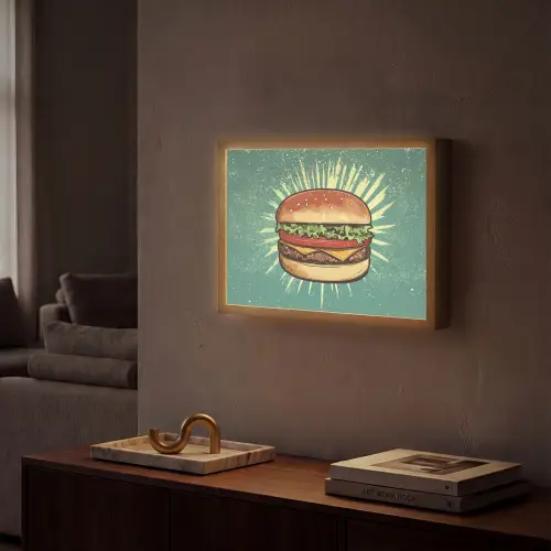 Hamburger - Illustratie - Sla - Kaas Light Box met batterij (Wandlamp) middel -sfeer1