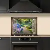 Doorkijk - Tuin - Raam - Hortensia - Bloemen keuken achterwand spatscherm klein -sfeer1