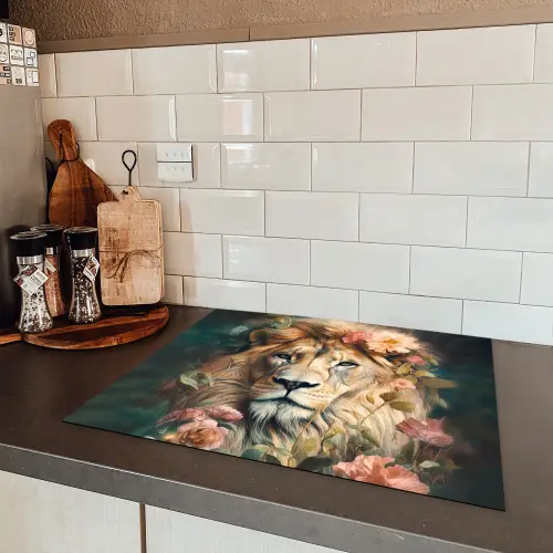 Leeuw - Leeuwenkop - Wilde dieren - Bloemen Inductie beschermer vinyl 3mm groot -sfeer3