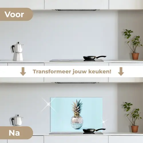 Blauw - Ananas - Disco - Discobal keuken achterwand spatscherm klein -voor_na_NL
