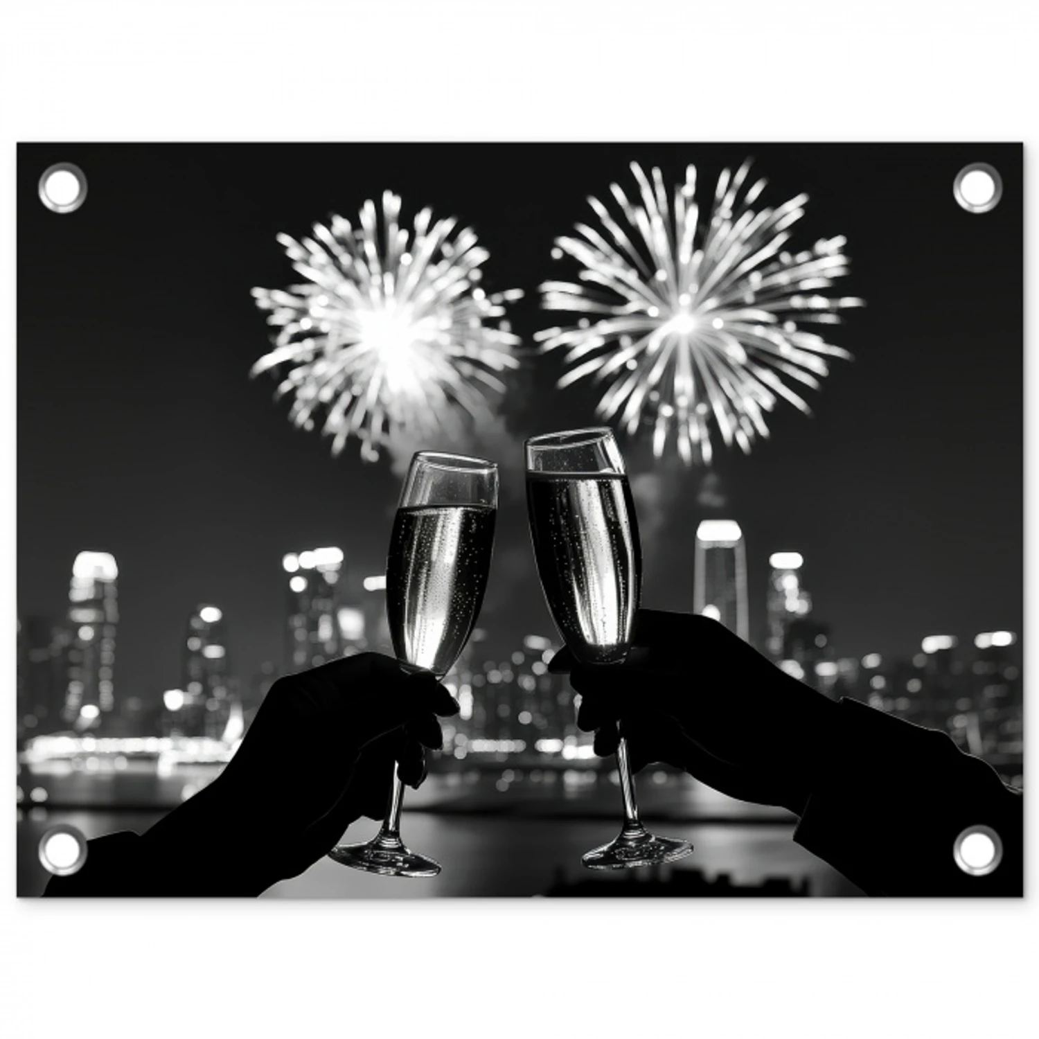 Vuurwerk - Proosten - Skyline - Champagne tuinposter los doek klein -3d