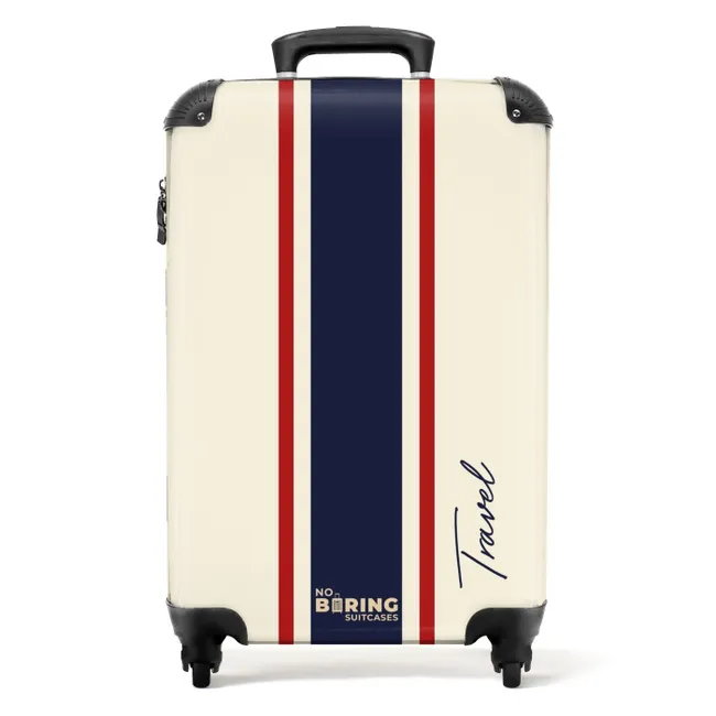 Suitcase - Cream background with central tricolor stripe and text Travel