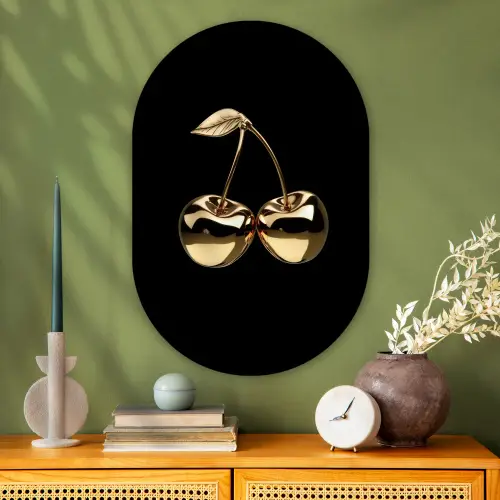 Kersen - Zwart - Goud - Chrome Wandcirkel Ovaal Glas middel -sfeer2