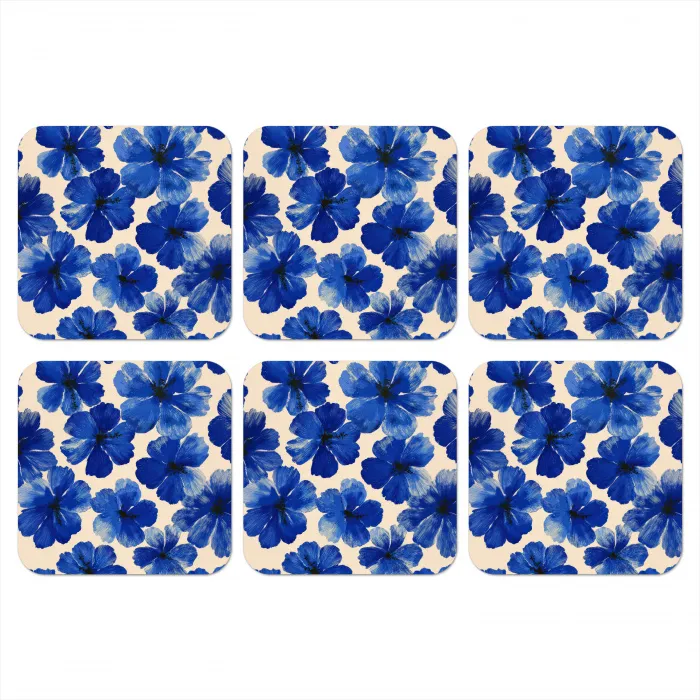 Bloemen - Blauw -Patroon - Wit onderzetter kurk middel -3d