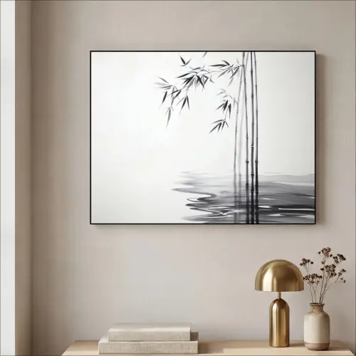 Bamboestammen - Water - Minimalistisch - Wit Textielframe - compleet frame klein -sfeer2