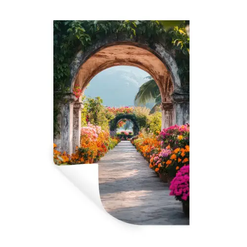 Doorkijk - Bloemen - Tropisch - Kleurrijk Muursticker klein -3d