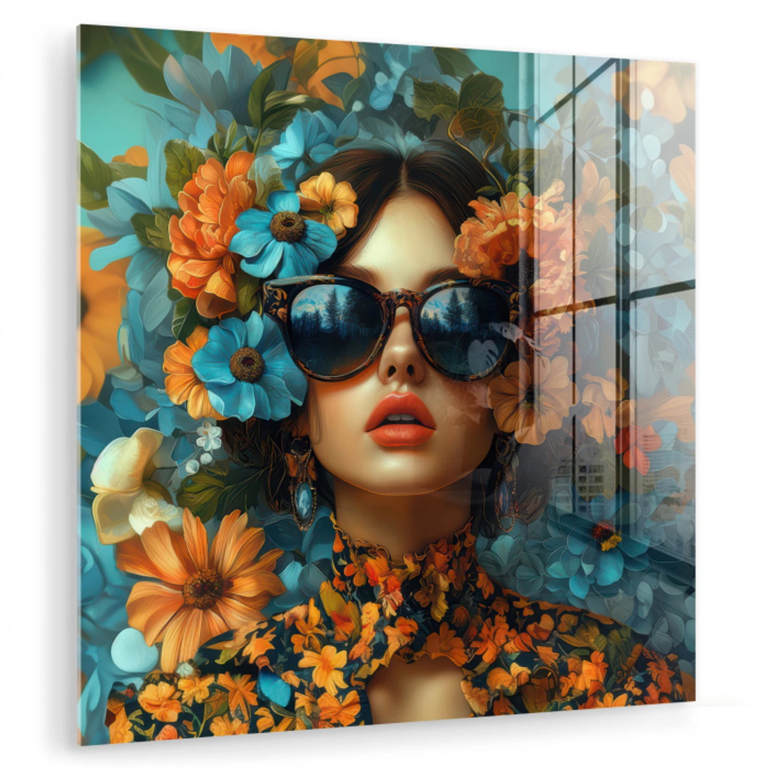 Vrouw - Bloemen - Oranje - Blauw - Modern plexiglas 5mm klein -zzzproduct_nieuw