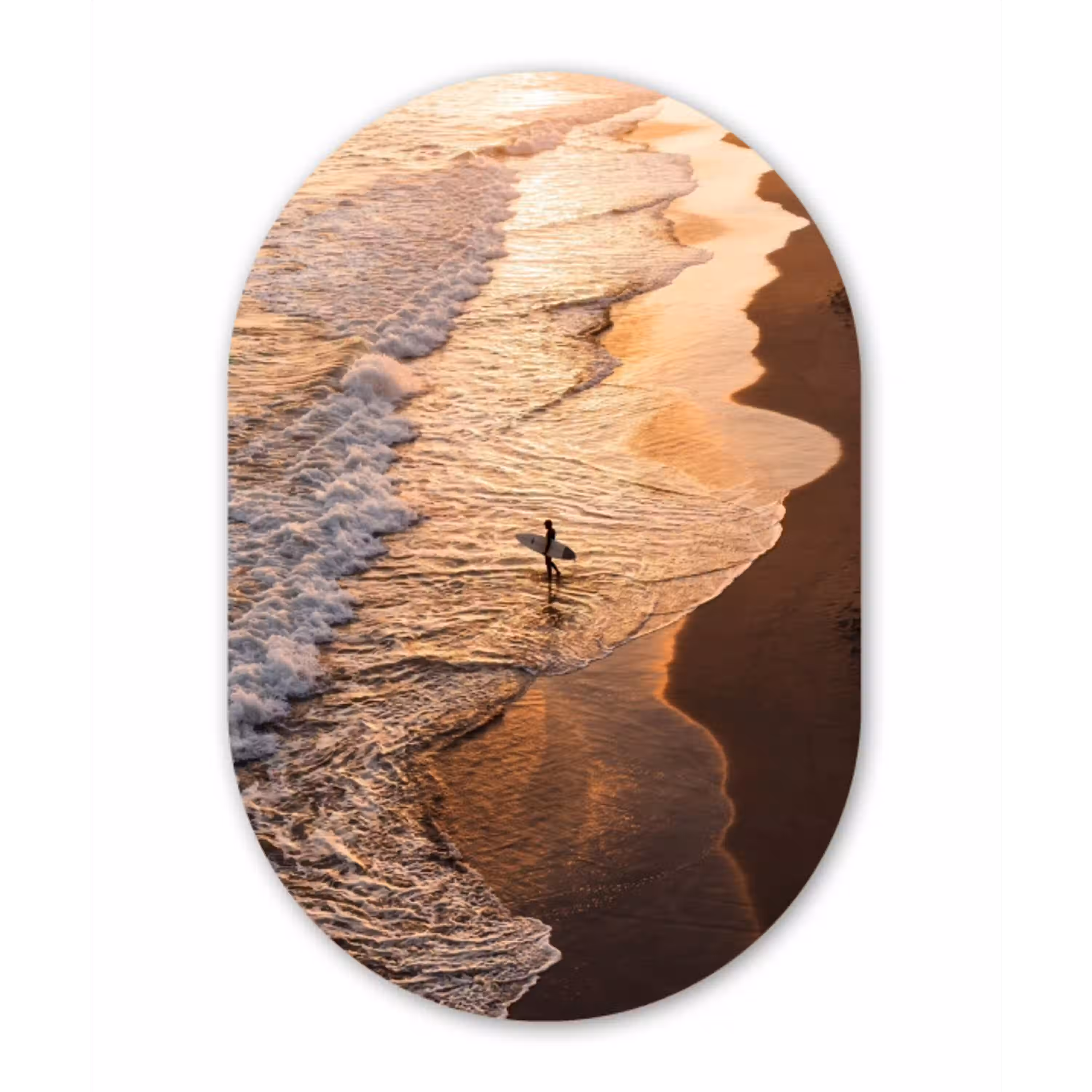 Surfer - Strand - Zonsondergang - Oceaan - Goud Wandcirkel Ovaal Aluminium middel -3d