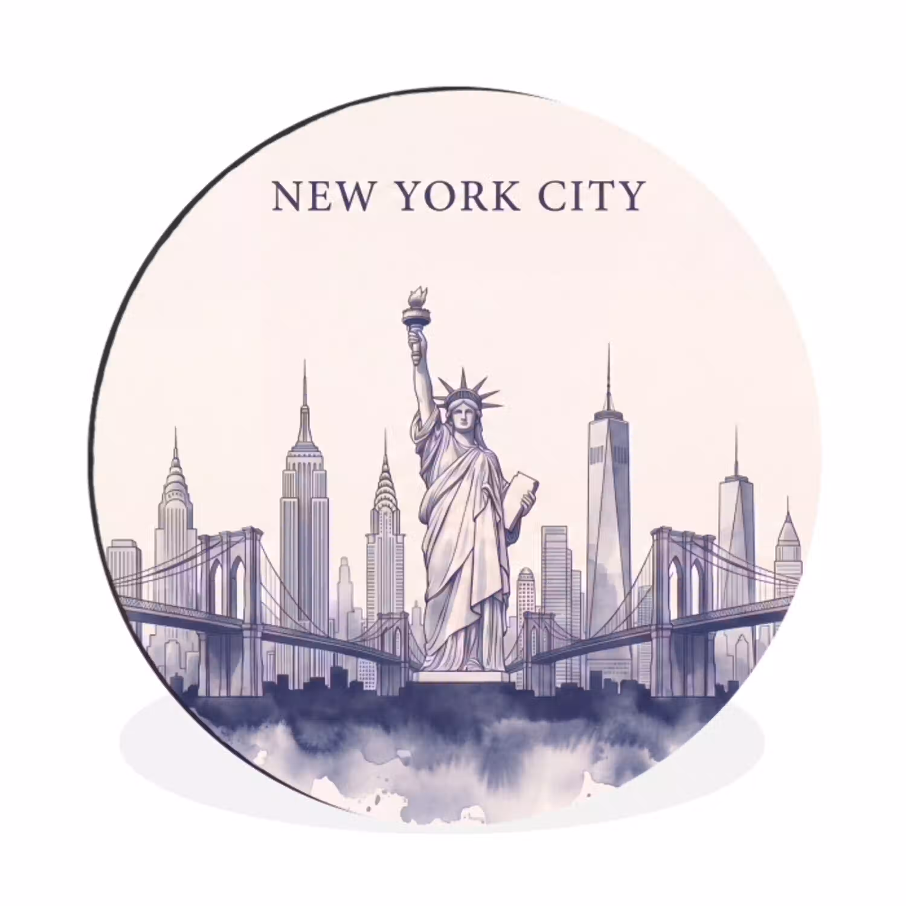 New York - Vrijheidsbeeld - Skyline - Illustratie - Blauw Wandcirkel aluminium klein -3d