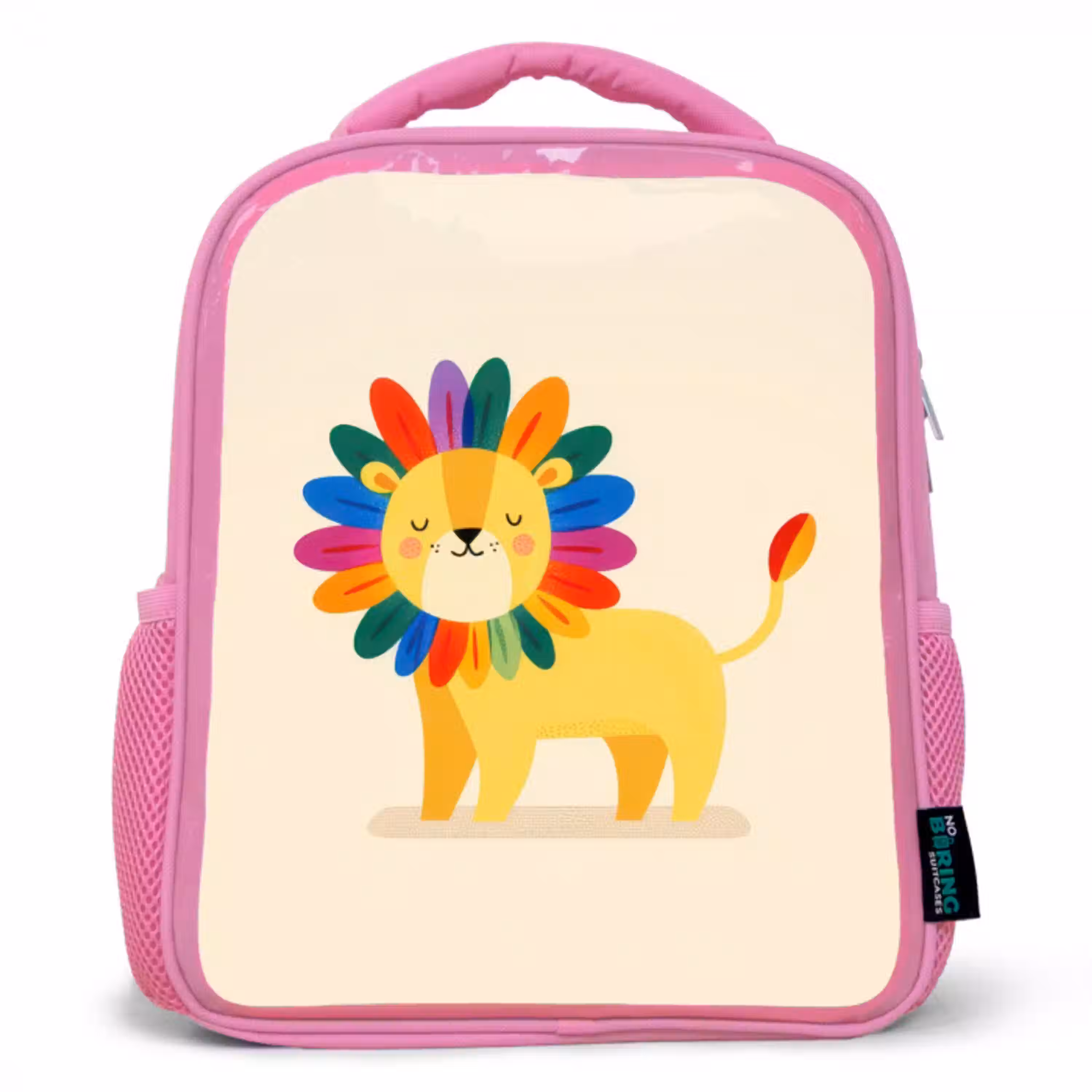 Leeuw - Kleurrijke manen - Beige Kinderrugzak - Roze middel -3d