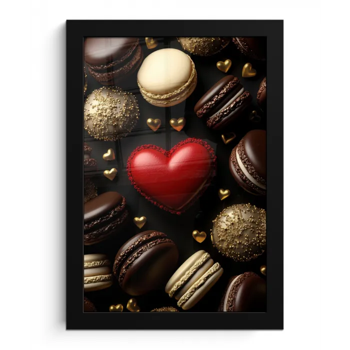 Macarons - Rood - Hart fotolijst zwart zonder passe partout klein -3d