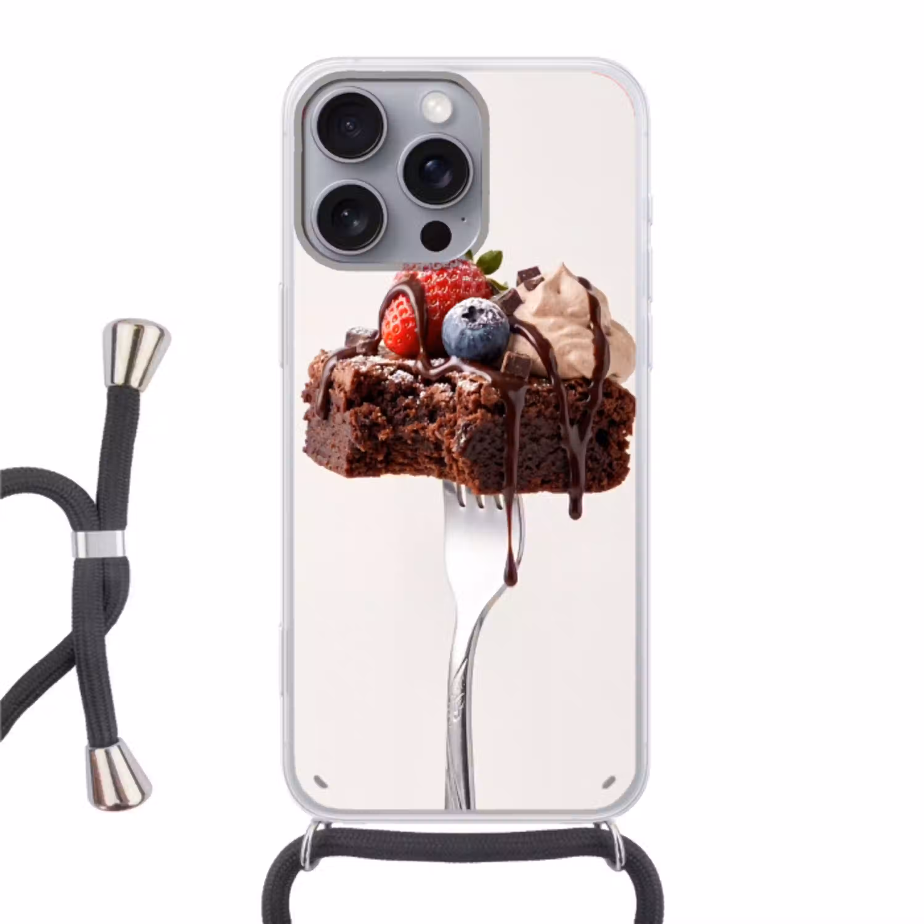 Vork - brownie - aardbei Hoesje iPhone 16 Pro Max met koord klein -3d