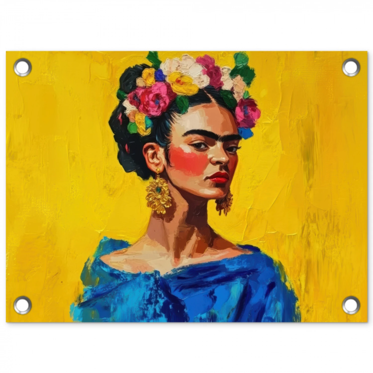 Frida Kahlo - Vrouw - Geel - Blauw - Bloemen tuinposter los doek klein -3d