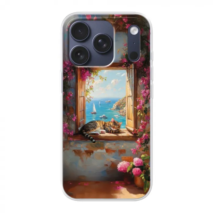 Kat - Blauwe zee - Roze bloemen Telefoonhoesje iPhone 17 Pro klein -3d