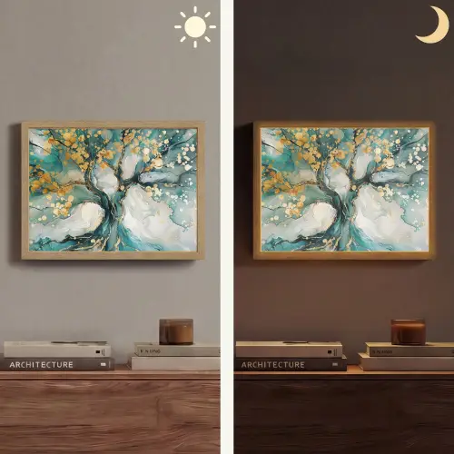 Boom - Modern - Verflook - Turquoise - Goud Light Box met batterij (Wandlamp) middel -sfeer3