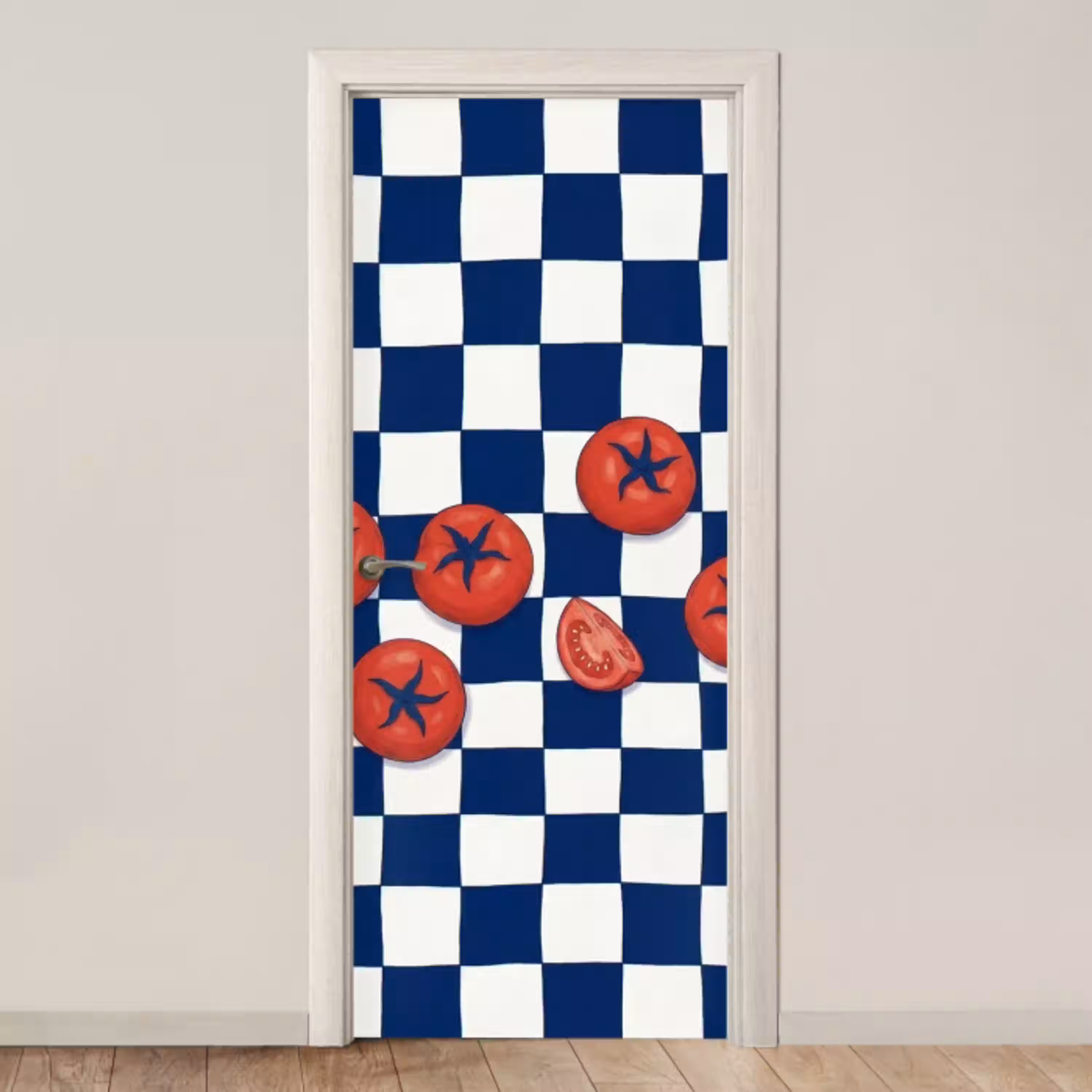 Eten - Tomaten - Keuken - Illustratie - Rood-Blauw deurposter klein -3d_beige