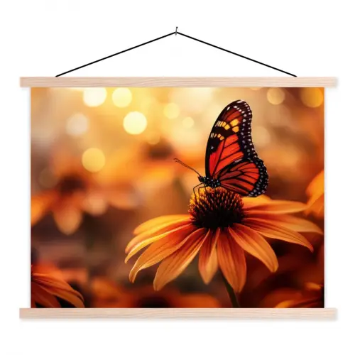 Vlinder - Bloemen - Oranje textielposter latten blank klein -3d