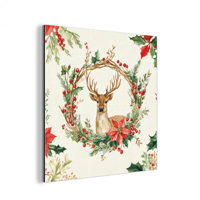 Kerstkrans - Hert - Hulst - Rood aluminium wit klein -3d
