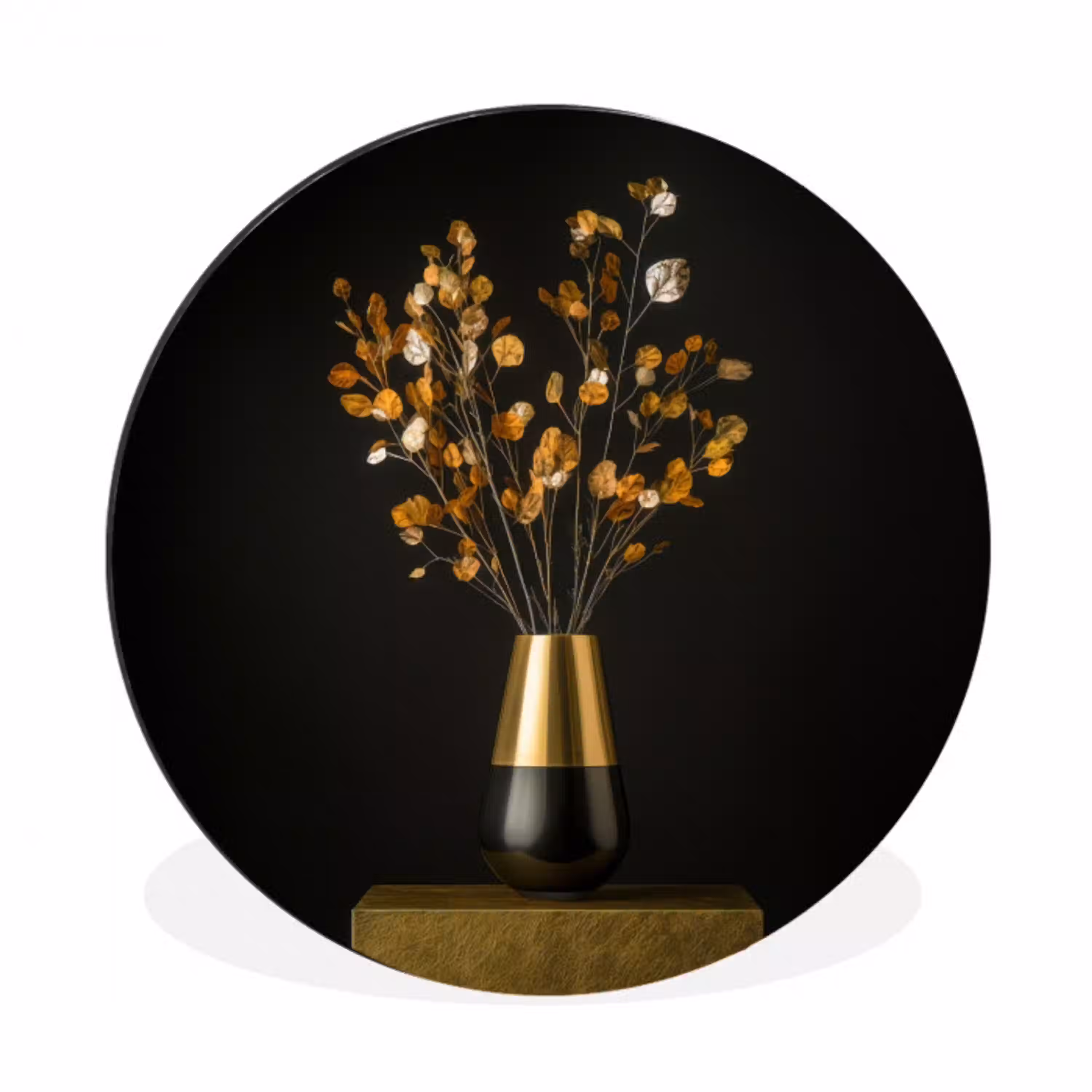 Goudbruine - Bladeren - Vaas - Herfstachtig Wandcirkel aluminium klein -3d