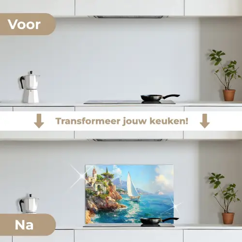 Zeilboot - Rotsen - Kust - Huizen keuken achterwand spatscherm klein -voor_na_NL
