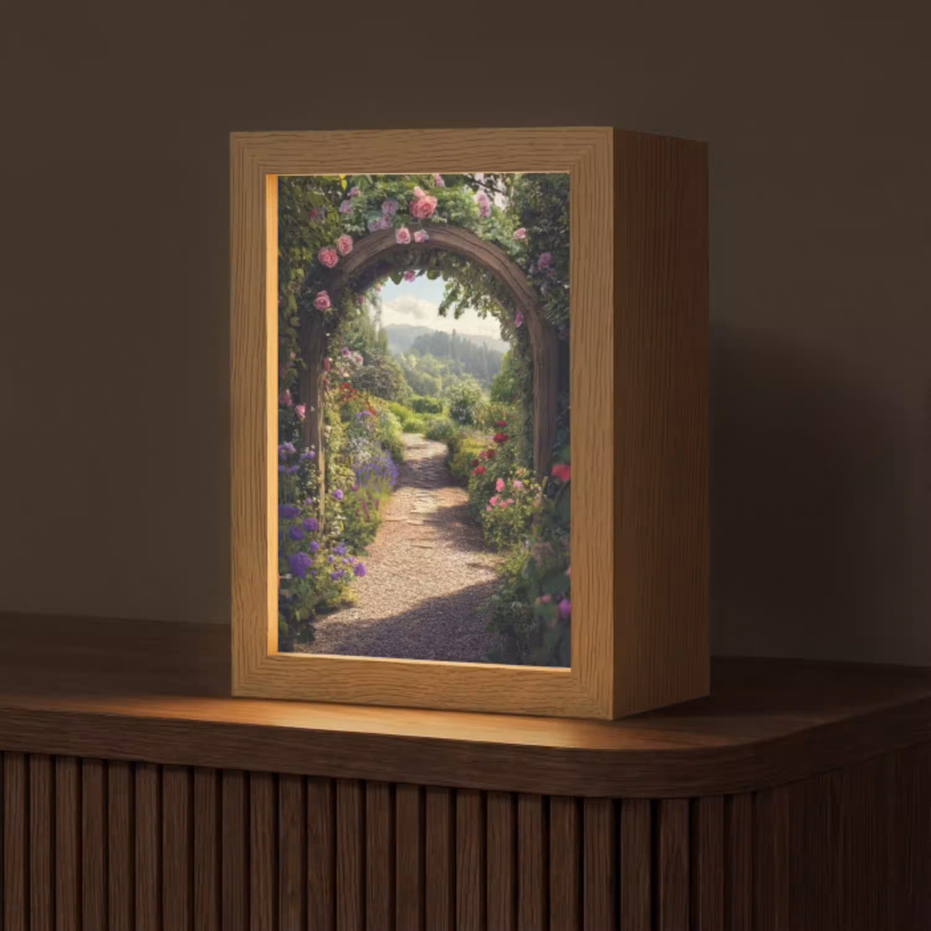 Doorkijk - Landschap - Bloemen - Rozenboog - Natuur Light Box met kabel (Tafellamp) klein -z3d_website