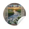 Doorkijk - Landschap - Raam - Water - Zonsondergang Wandcirkel tuinposter met ringen klein -3d