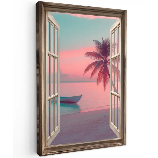 Doorkijk - Strand - Palmboom - Tropisch Tuinposter op houten frame 2 cm dik klein -3d