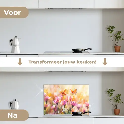 Vlinders - Oranje - Bloemen keuken achterwand spatscherm klein -voor_na_NL