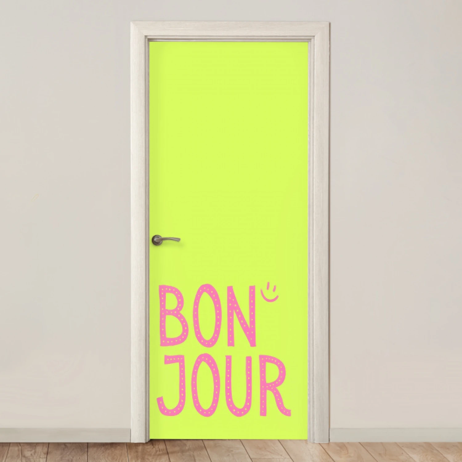 Groen - Smiley - Bonjour - Roze deurposter klein -3d_beige