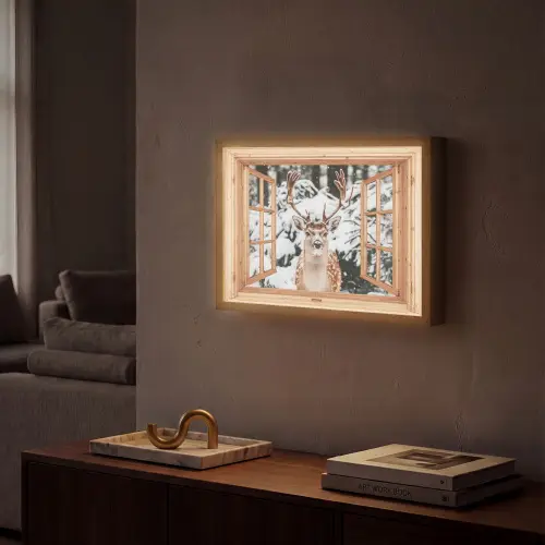 Doorkijk - Hert - Sneeuw - Winter - Bos - Dieren Light Box met batterij (Wandlamp) middel -sfeer1