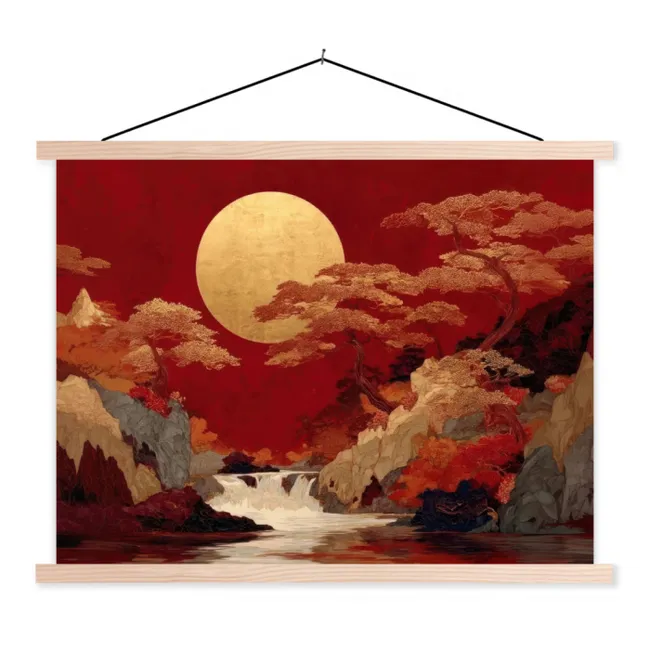 Volle maan - Landschap - Waterval textielposter latten blank klein -3d